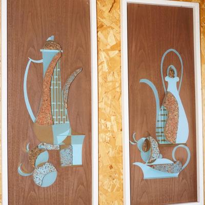 1960's-DIMENSIONAL CORK ART WALL PANELS OF TEAL BLUE AND TEAK