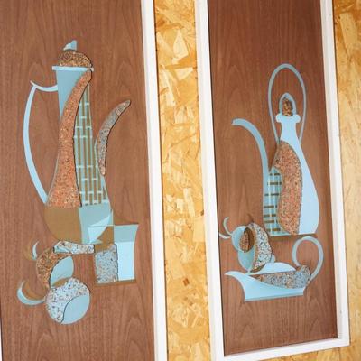 1960's-DIMENSIONAL CORK ART WALL PANELS OF TEAL BLUE AND TEAK