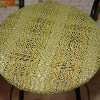 1960's MCM STOOL OF BLACK TUBULAR WITH GREEN PLAID VINYL SEAT/ BRASS ROD BACK