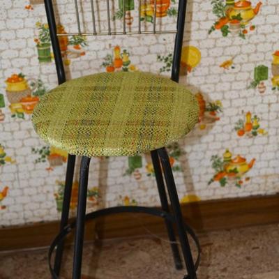 1960's MCM STOOL OF BLACK TUBULAR WITH GREEN PLAID VINYL SEAT/ BRASS ROD BACK