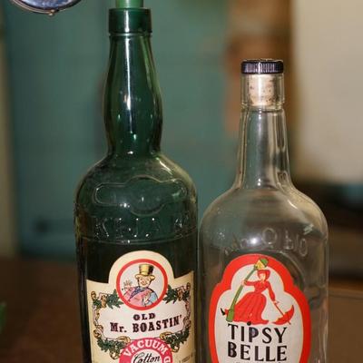 VINTAGE TIPSY BELL BOTTLE & OLD MR. BOASTON BOTTLE W/ JIGGER SHOT DISPENSER