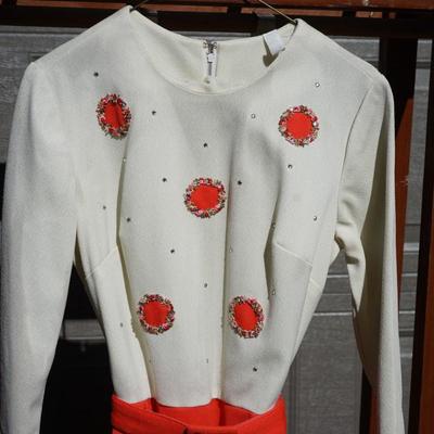 1960's DRESS WITH BRIGHT ORANGE SKIRT AND ATTACHED LONG SLEEVE TOP W/ EMBROIDERED FLOWERS /BELT