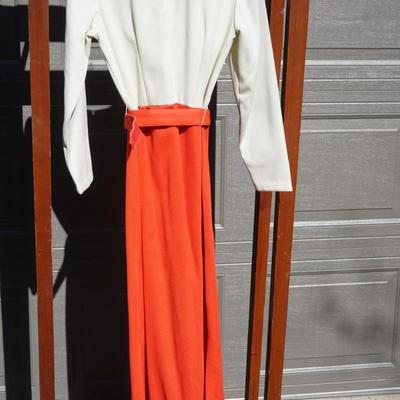 1960's DRESS WITH BRIGHT ORANGE SKIRT AND ATTACHED LONG SLEEVE TOP W/ EMBROIDERED FLOWERS /BELT