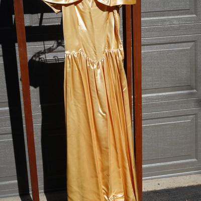 1960's SATIN FORMAL DRESS IS GOLD TONE