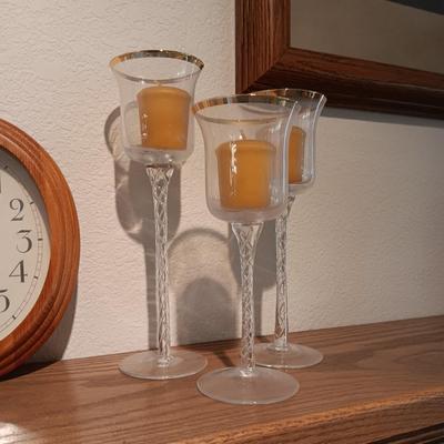 OVAL WOODEN FRAMED WALL CLOCK, 3 GLASS STEMMED CANDLE HOLDERS, GLASS ROSE BOWL AND TRINKET BOX