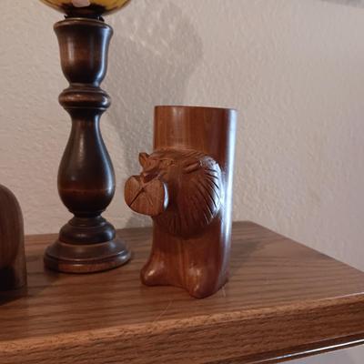 CANDLE HOLDERS, BRASS SPITTOON, LASER CUT WOODEN MOOSE AND BUFFALO AND CARVED WOODEN ELEPHANT & BEAR