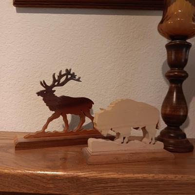 CANDLE HOLDERS, BRASS SPITTOON, LASER CUT WOODEN MOOSE AND BUFFALO AND CARVED WOODEN ELEPHANT & BEAR
