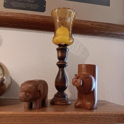 CANDLE HOLDERS, BRASS SPITTOON, LASER CUT WOODEN MOOSE AND BUFFALO AND CARVED WOODEN ELEPHANT & BEAR