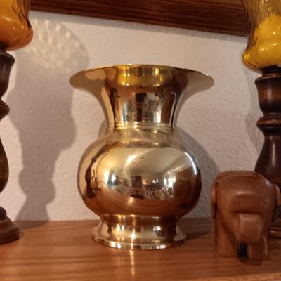 CANDLE HOLDERS, BRASS SPITTOON, LASER CUT WOODEN MOOSE AND BUFFALO AND CARVED WOODEN ELEPHANT & BEAR