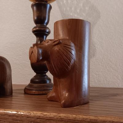 CANDLE HOLDERS, BRASS SPITTOON, LASER CUT WOODEN MOOSE AND BUFFALO AND CARVED WOODEN ELEPHANT & BEAR