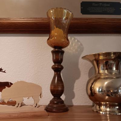 CANDLE HOLDERS, BRASS SPITTOON, LASER CUT WOODEN MOOSE AND BUFFALO AND CARVED WOODEN ELEPHANT & BEAR