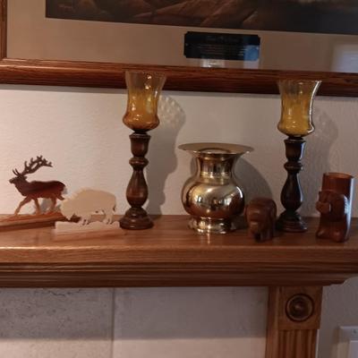 CANDLE HOLDERS, BRASS SPITTOON, LASER CUT WOODEN MOOSE AND BUFFALO AND CARVED WOODEN ELEPHANT & BEAR