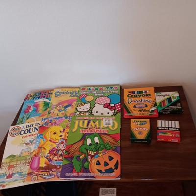 CHALK, COLORED PENCILS, MARKERS AND COLORING BOOKS