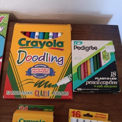 CHALK, COLORED PENCILS, MARKERS AND COLORING BOOKS