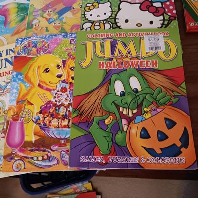 CHALK, COLORED PENCILS, MARKERS AND COLORING BOOKS