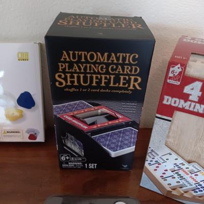 DOUBLE 9 DOMINOES, WOOD DOMINO RACKS, PLAYING CARDS, CARD SHUFFLER AND CARD HOLDERS