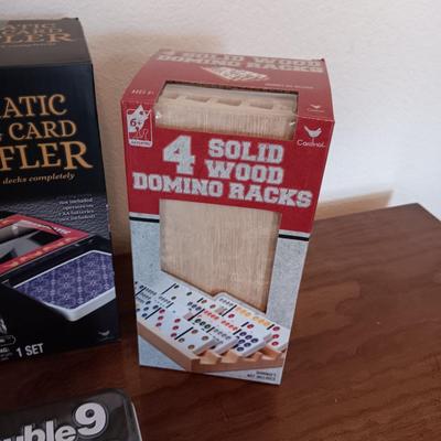 DOUBLE 9 DOMINOES, WOOD DOMINO RACKS, PLAYING CARDS, CARD SHUFFLER AND CARD HOLDERS