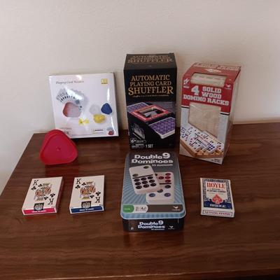 DOUBLE 9 DOMINOES, WOOD DOMINO RACKS, PLAYING CARDS, CARD SHUFFLER AND CARD HOLDERS