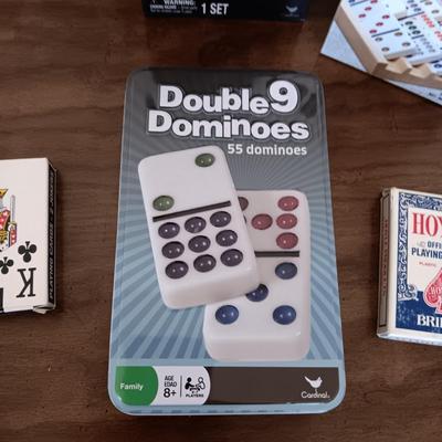 DOUBLE 9 DOMINOES, WOOD DOMINO RACKS, PLAYING CARDS, CARD SHUFFLER AND CARD HOLDERS