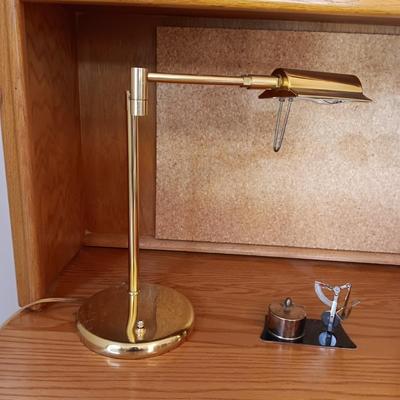 SOLID WOOD DESK WITH A HUTCH, DESK LAMP, VINTAGE LETTER POSTAGE SCALE, MID-CENTURY DESK CHAIR AND A SURGE BOX