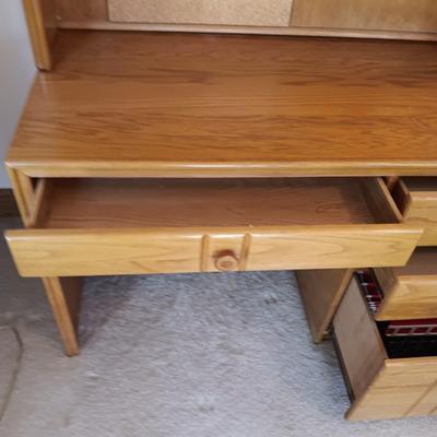 SOLID WOOD DESK WITH A HUTCH, DESK LAMP, VINTAGE LETTER POSTAGE SCALE, MID-CENTURY DESK CHAIR AND A SURGE BOX