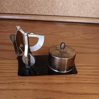 SOLID WOOD DESK WITH A HUTCH, DESK LAMP, VINTAGE LETTER POSTAGE SCALE, MID-CENTURY DESK CHAIR AND A SURGE BOX