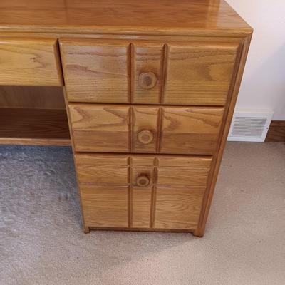 SOLID WOOD DESK WITH A HUTCH, DESK LAMP, VINTAGE LETTER POSTAGE SCALE, MID-CENTURY DESK CHAIR AND A SURGE BOX