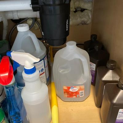 Cleaning supplies, bucket, and brooms