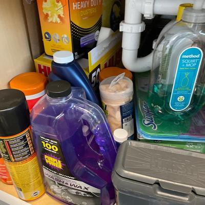 Cleaning supplies, bucket, and brooms