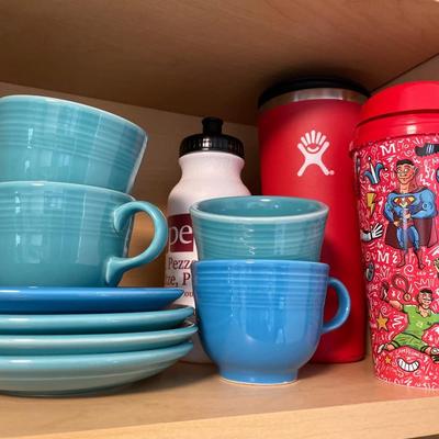 Fiesta mugs, cups, and saucers and other glassware