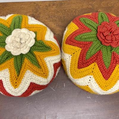 Vintage Handmade Crocheted Pillows - 70's Colors