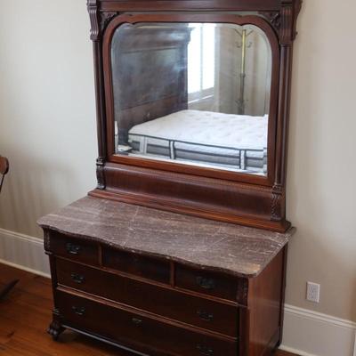 Antique Carved Walnut Marble Top Dresser with Mirror