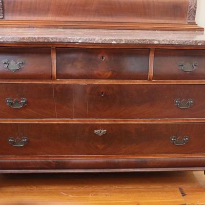 Antique Carved Walnut Marble Top Dresser with Mirror