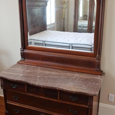 Antique Carved Walnut Marble Top Dresser with Mirror