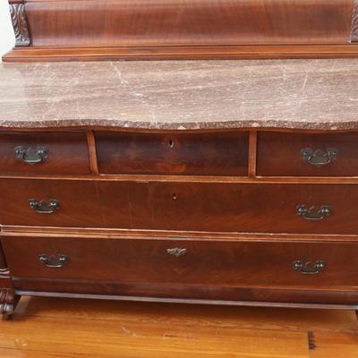 Antique Carved Walnut Marble Top Dresser with Mirror