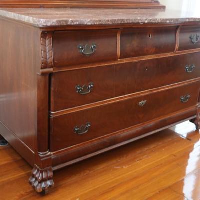 Antique Carved Walnut Marble Top Dresser with Mirror