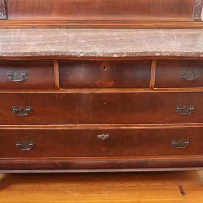Antique Carved Walnut Marble Top Dresser with Mirror