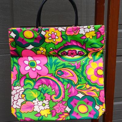 FUNKY FLOWER FABRIC HAND TOTE BAG WITH VINYL BLACK HANDLE