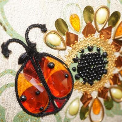 VINTAGE LADIES' HANDBAG FABRIC WITH JEWELED LADY BUG AND TOTE NEEDLEWORK LADY BUGS