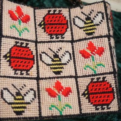VINTAGE LADIES' HANDBAG FABRIC WITH JEWELED LADY BUG AND TOTE NEEDLEWORK LADY BUGS