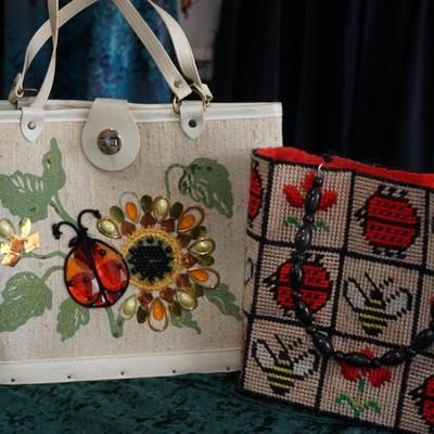 VINTAGE LADIES' HANDBAG FABRIC WITH JEWELED LADY BUG AND TOTE NEEDLEWORK LADY BUGS