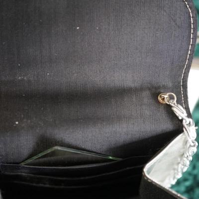VINTAGE SILVER COLORED HANDBAG WITH CHAIN HANDLE AND TWO PAIRS OF SILVER COLORED LADIES SHOES