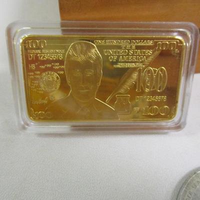 MAGA Donald Trump Gold Foil Bullion $100 Dollar Bill Bar 24kt & Variety Of Home Decor Storage Boxes Lantern Lamps Plate Holder 1966...