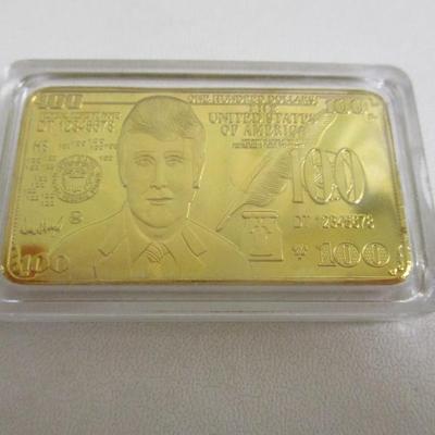 MAGA Donald Trump Gold Foil Bullion $100 Dollar Bill Bar 24kt & Variety Of Home Decor Storage Boxes Lantern Lamps Plate Holder 1966...