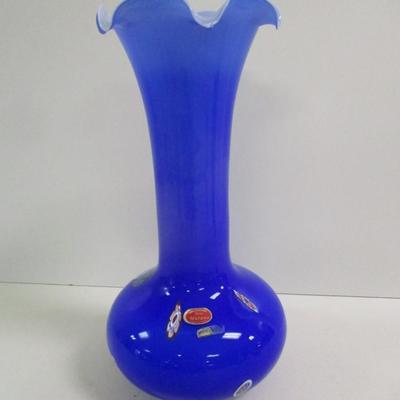 Lavorazione Arte Murano Vase Made In Italy Blue Ruffled Edge Hand Blown Approx 13 3/4" Tall #5