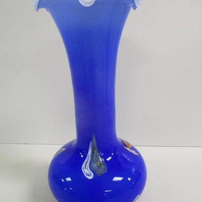 Lavorazione Arte Murano Vase Made In Italy Blue Ruffled Edge Hand Blown Approx 13 3/4" Tall #5