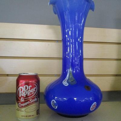 Lavorazione Arte Murano Vase Made In Italy Blue Ruffled Edge Hand Blown Approx 13 3/4" Tall #5