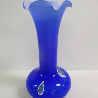 Lavorazione Arte Murano Vase Made In Italy Blue Ruffled Edge Hand Blown Approx 13 3/4" Tall #5
