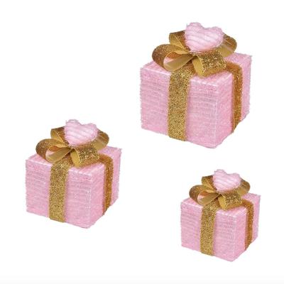 Set of 3 Pink & Gold Glitter Heart Motif Lighted Gift Box Decorations - Foldable 3PCS Present Ornament Boxes with Pre-lit LED Mini...