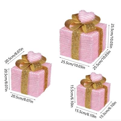 Set of 3 Pink & Gold Glitter Heart Motif Lighted Gift Box Decorations - Foldable 3PCS Present Ornament Boxes with Pre-lit LED Mini...